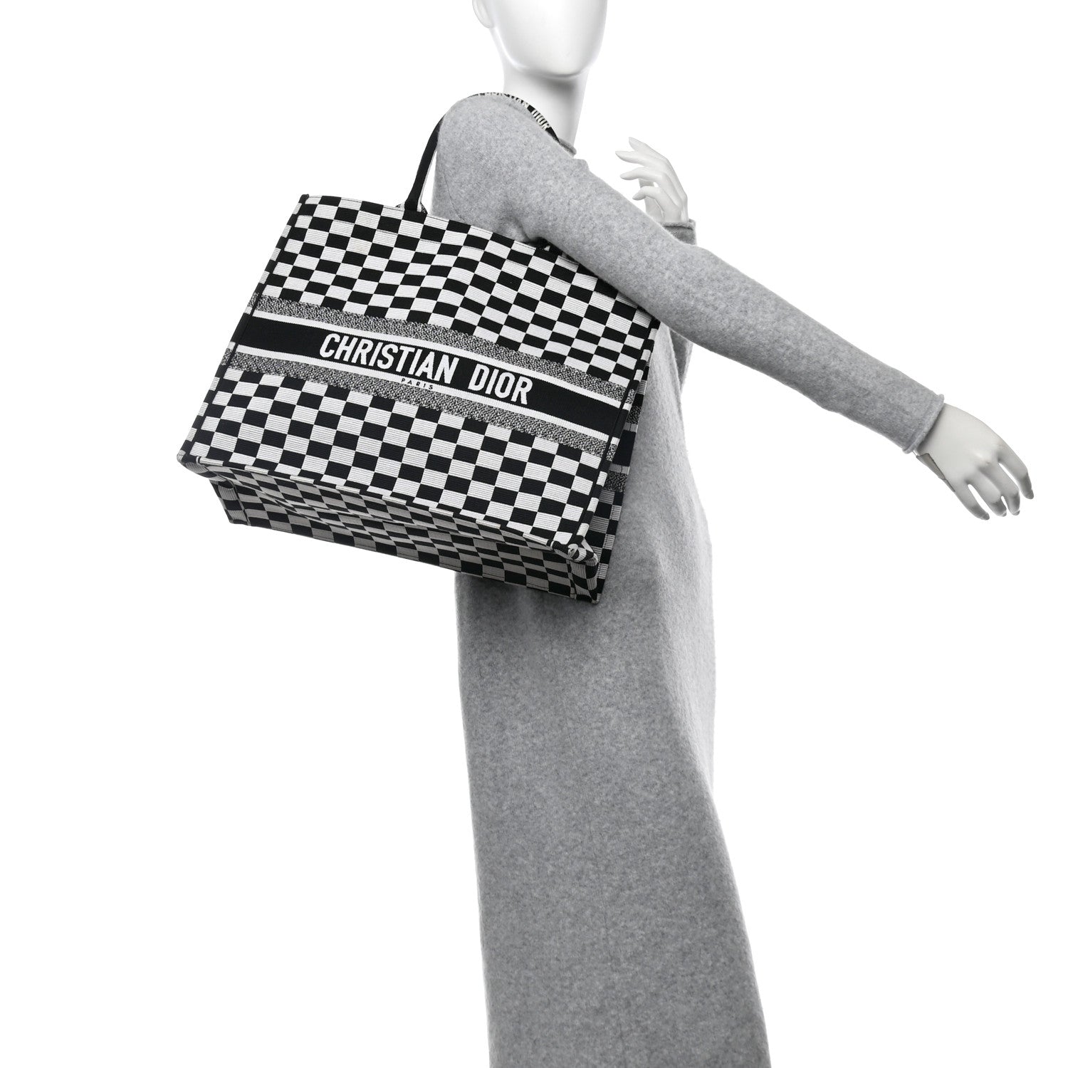 Christian Dior Canvas Embroidered Checkered Book Tote Black White 2 of 13