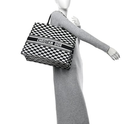 Christian Dior Canvas Embroidered Checkered Book Tote Black White 2 of 13