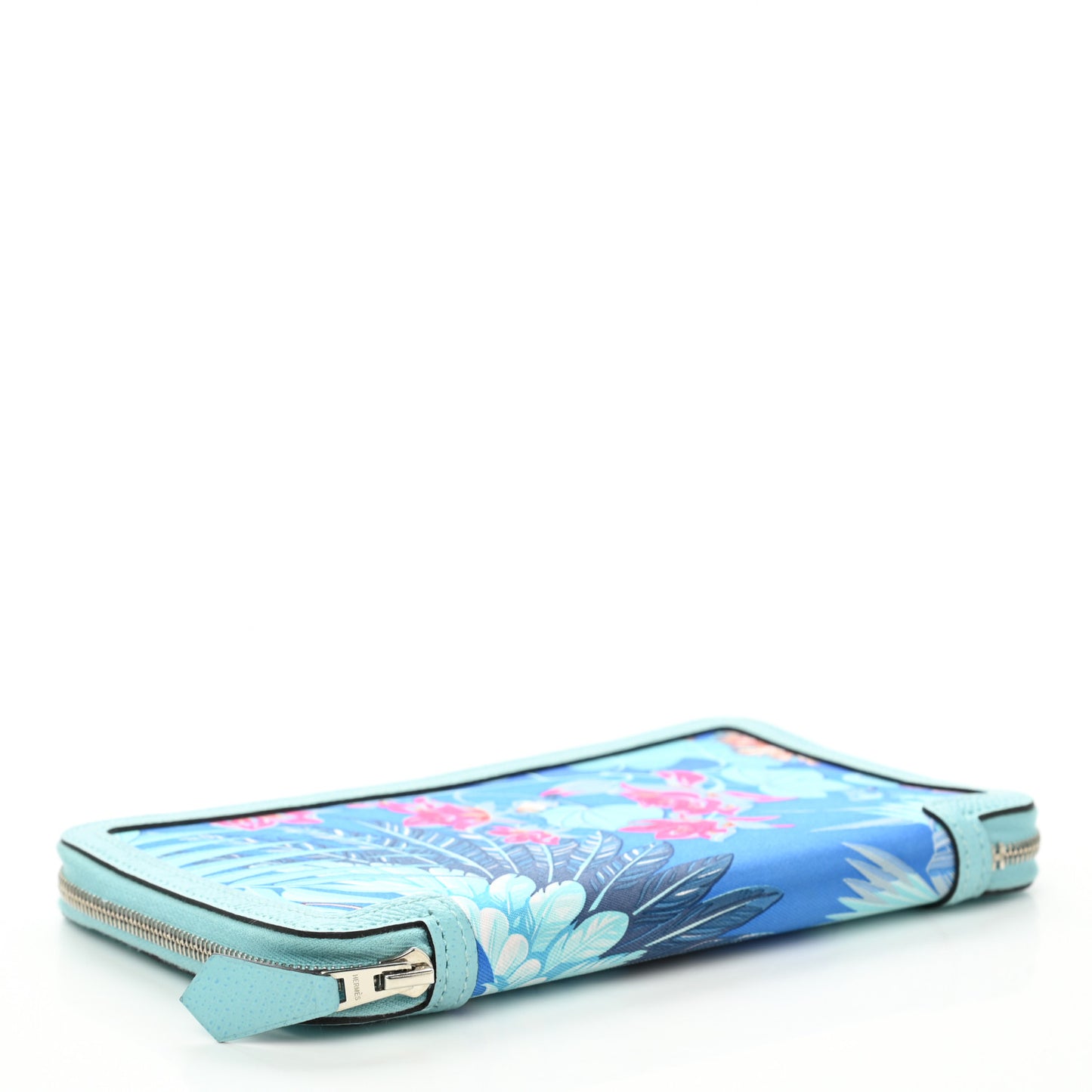 Epsom Printed Silk Flamingo Party Soie-Cool Wallet Mykonos Bleu Atoll