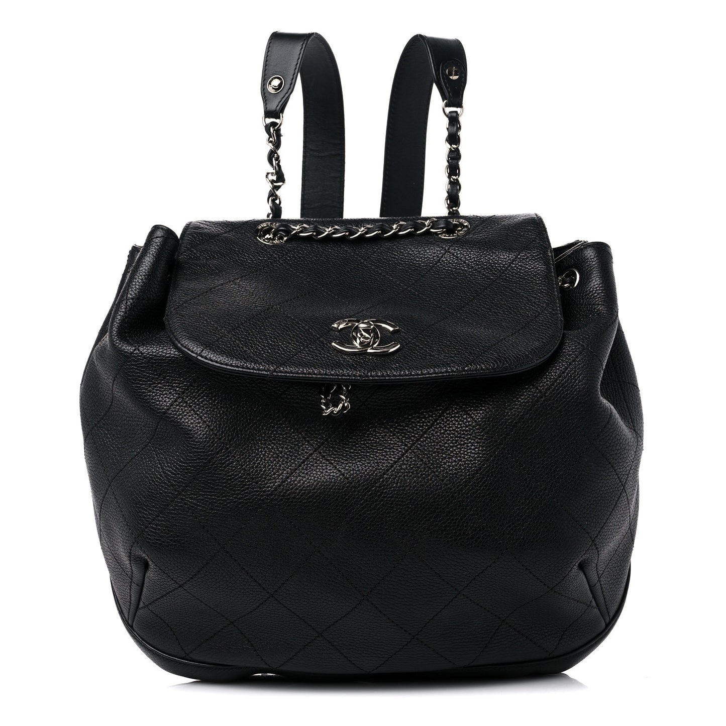 Grained Calfskin Stitched Flap Drawstring Backpack Black