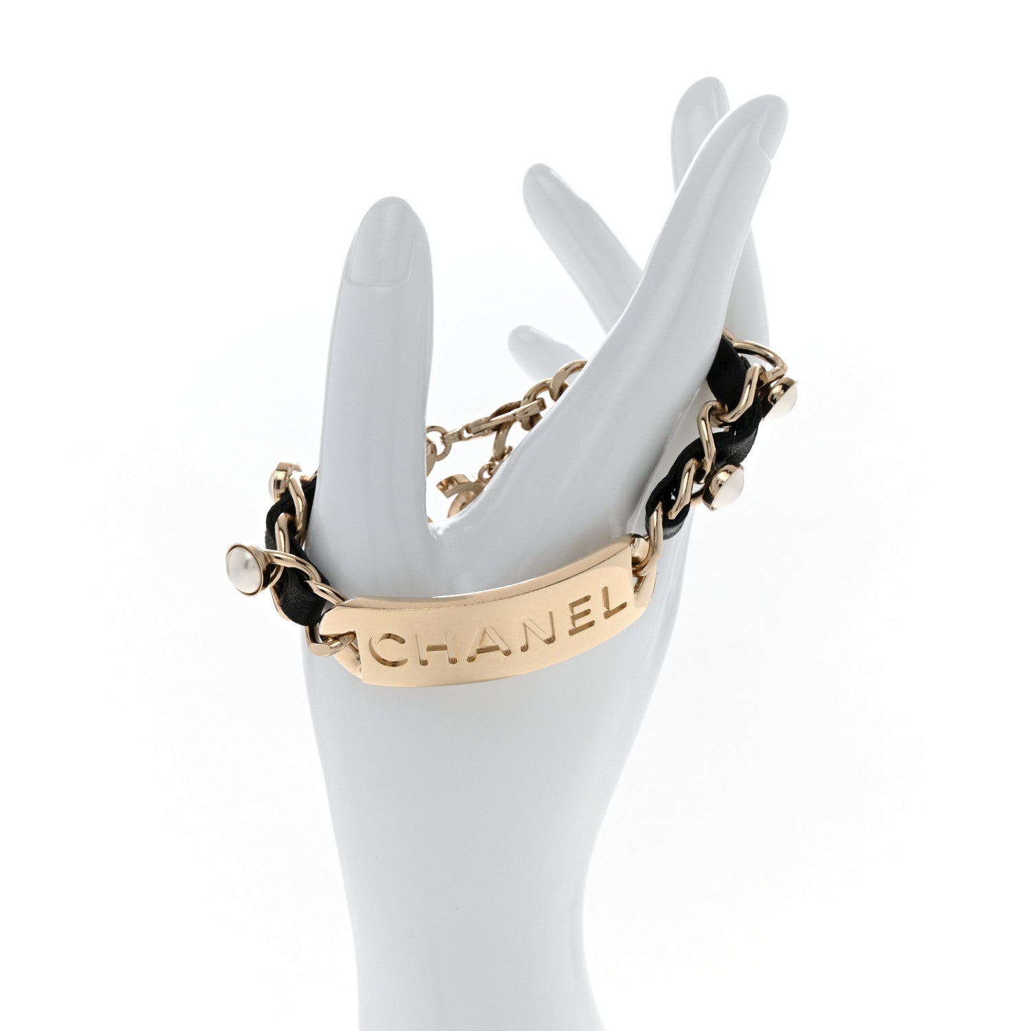 Chanel Metal Lambskin Pearl Name Plate Bracelet Black Gold 2 of 5