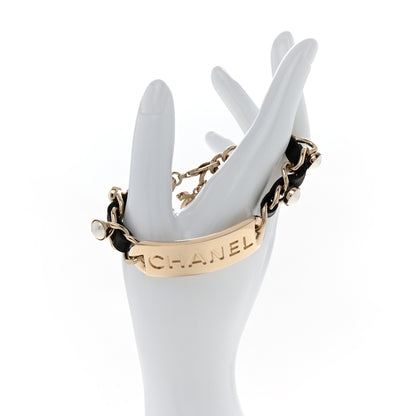 Chanel Metal Lambskin Pearl Name Plate Bracelet Black Gold 2 of 5