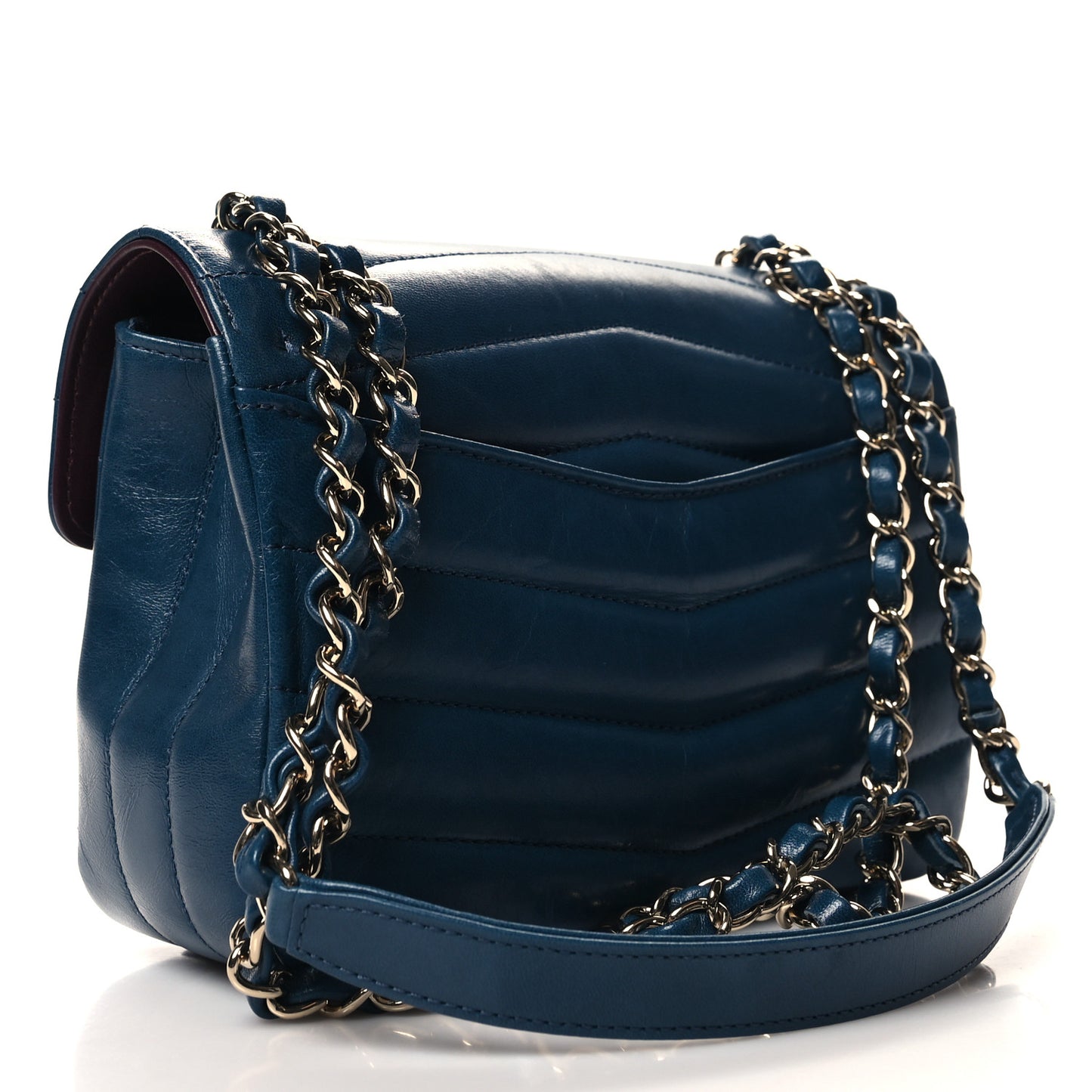 Shiny Lambskin Quilted Small Chevron Miroir Dark Blue