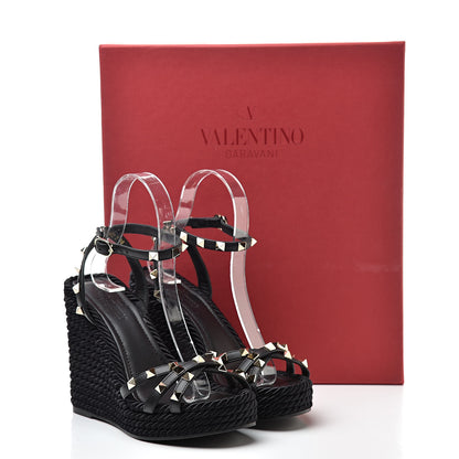 Valentino Garavani Calfskin Rockstud Ankle Strap Torchon Espadrille 25/95mm Wedge Sandals 36 Black 10 of 10