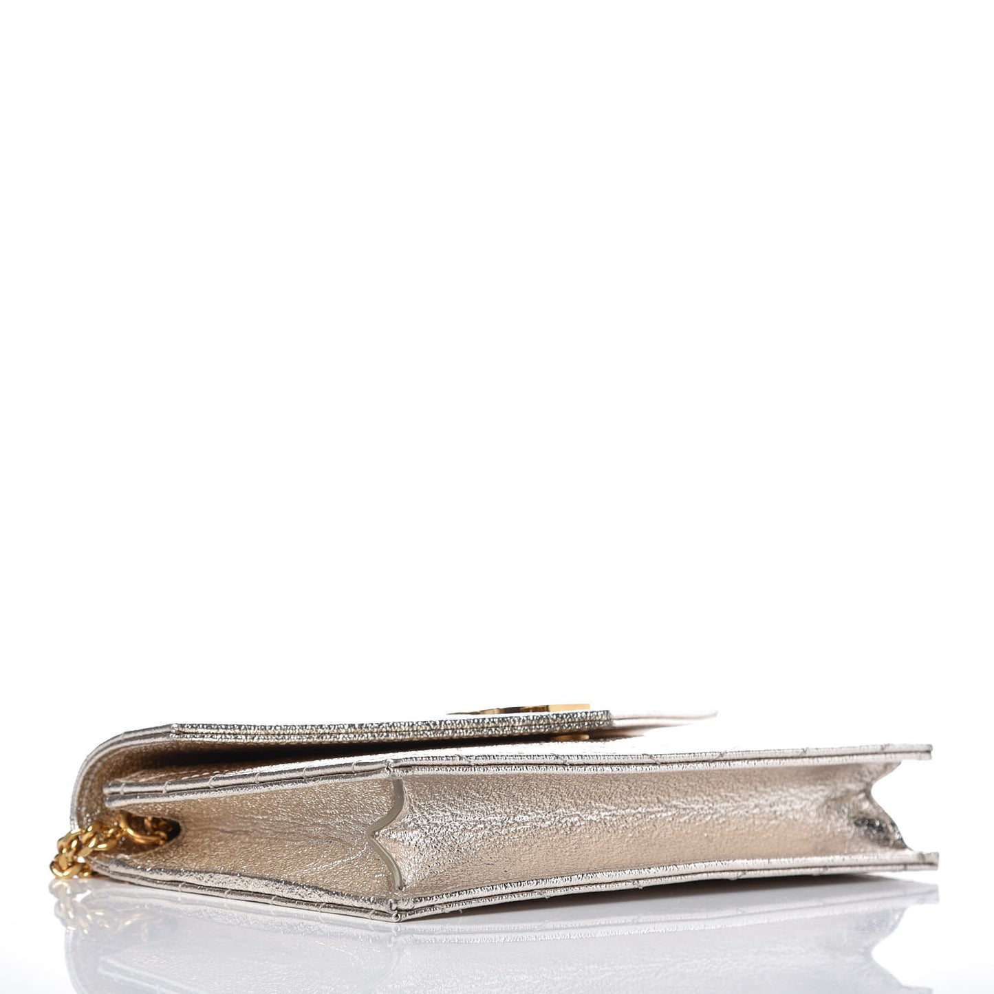 Metallic Crackled Calfskin Matelasse Chevron Monogram Envelope Chain Wallet Gold