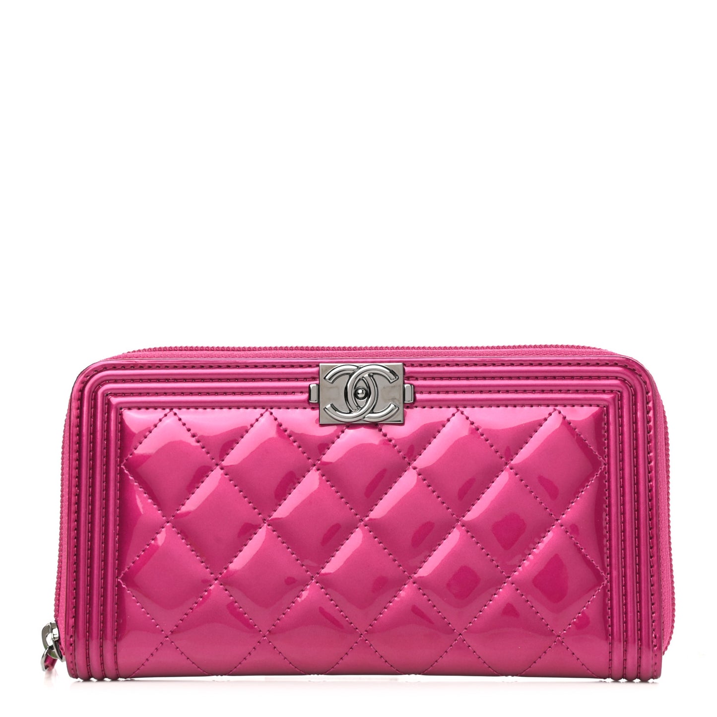 Metallic Patent Calfskin Quilted Boy L-Gusset Zip Wallet Pink
