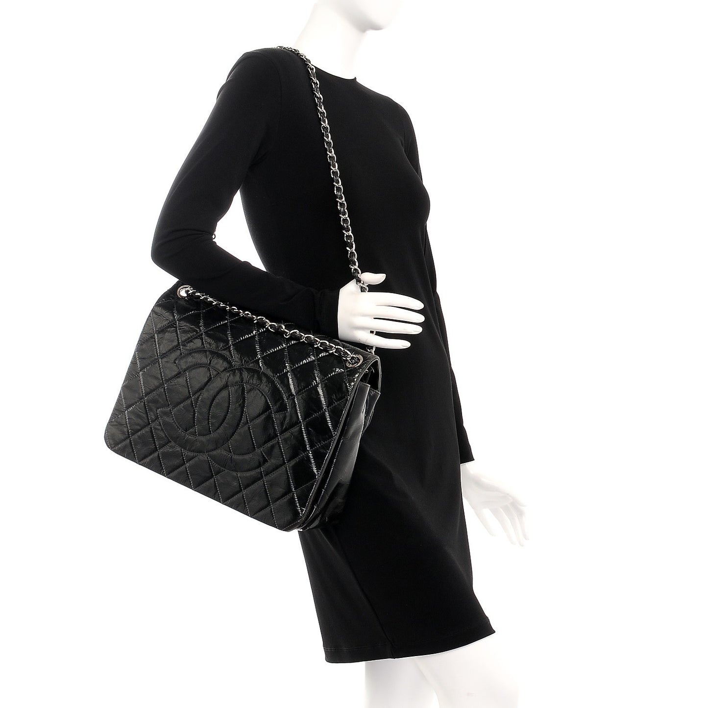 Glazed Calfskin Quilted CC Messenger Bag Black