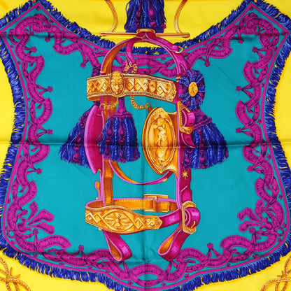 Hermes Silk Bride De Cour Scarf 90 Canard Jaune Vif Fuchsia 1 of 5