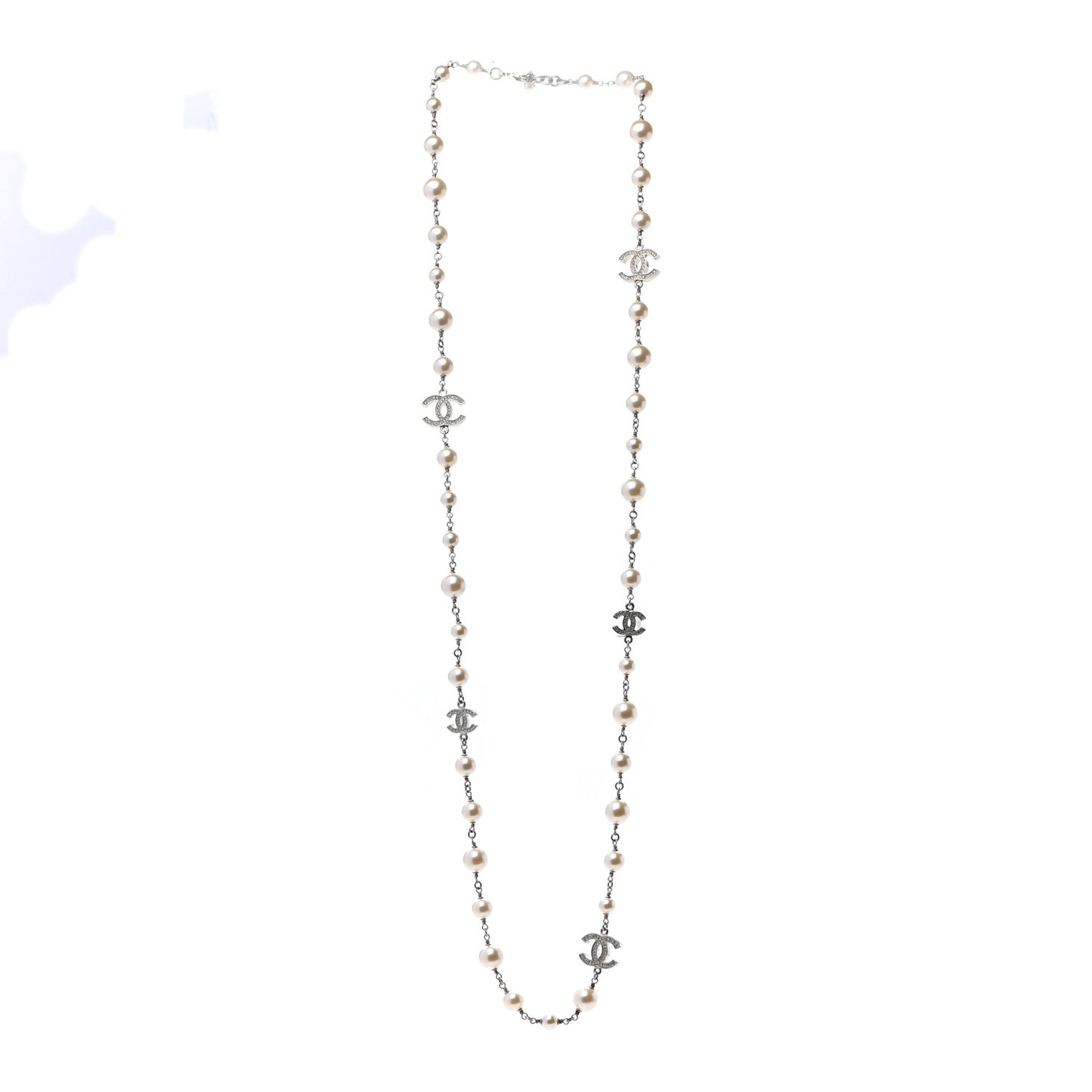 Crystal Pearl CC Necklace Silver