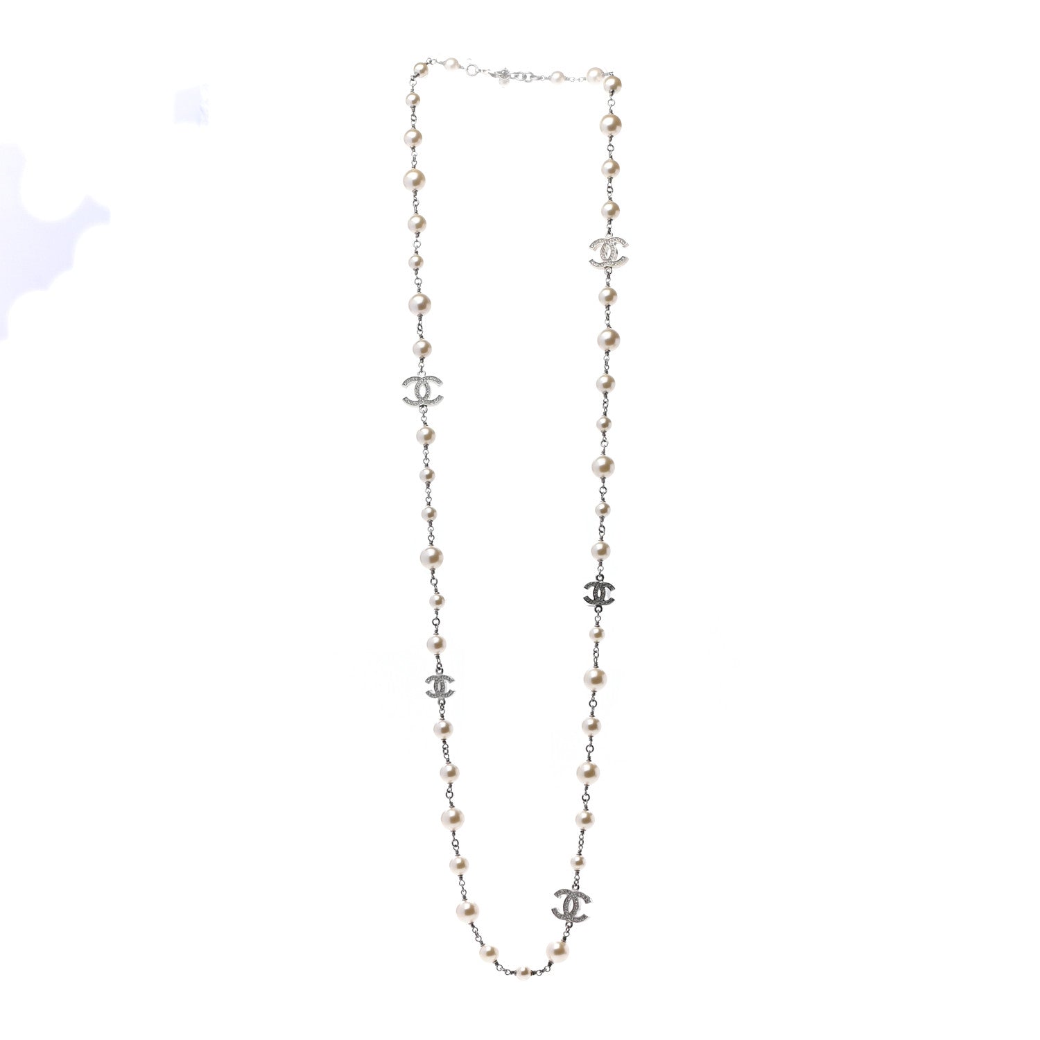 Chanel Crystal Pearl CC Necklace Silver 3 of 4