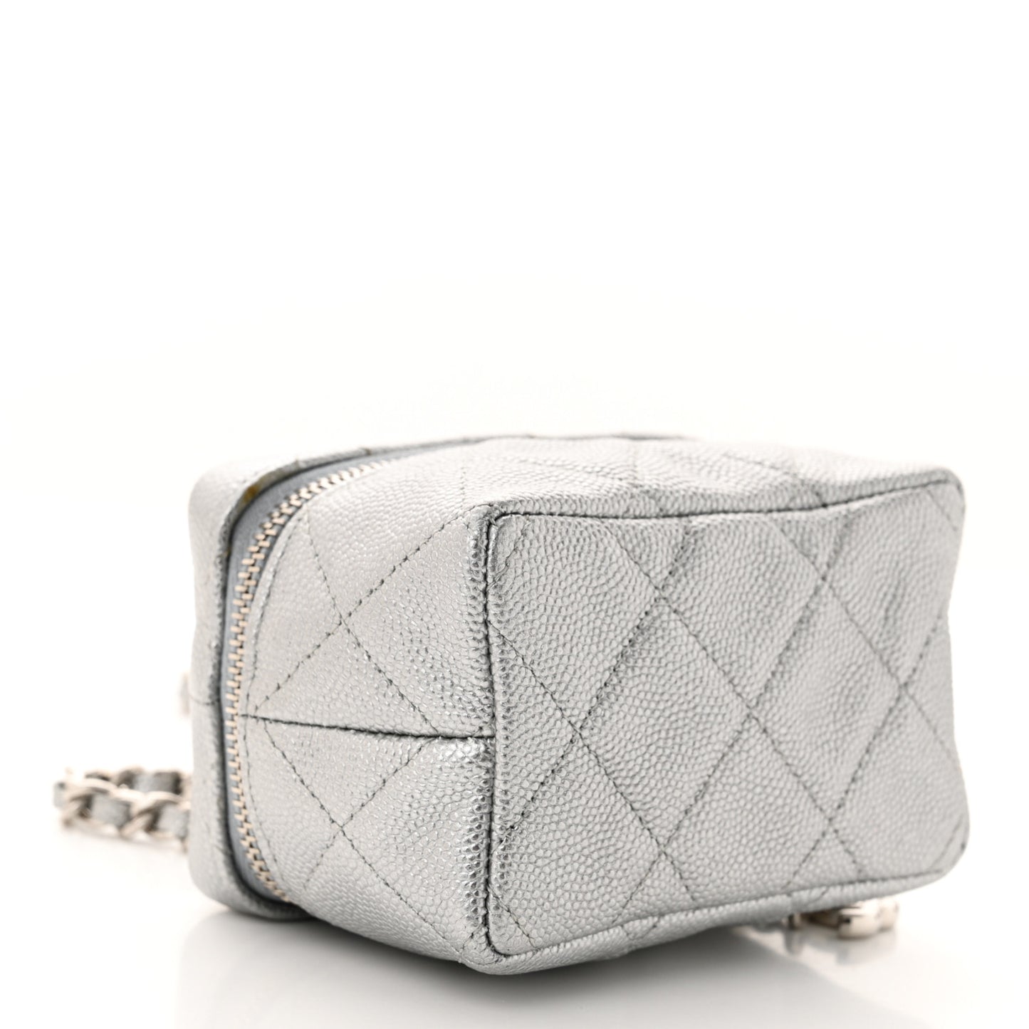 Metallic Caviar Quilted Mini Top Handle Vanity With Chain Silver