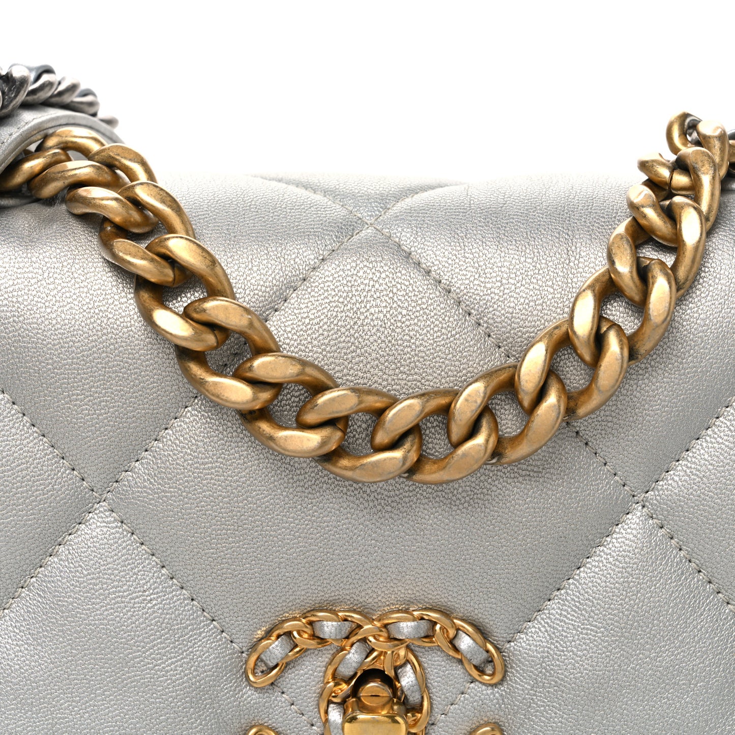 Metallic Goatskin Quilted Medium Chanel 19 Flap Silver