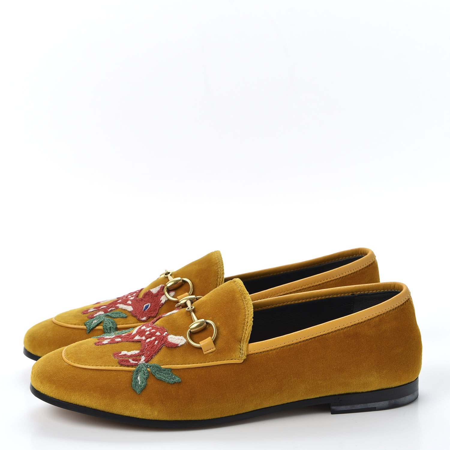 Gucci Softy Velvet Malaga Kid Deer Embroidered Jordaan Loafers 36 Senape Crop 2 of 11