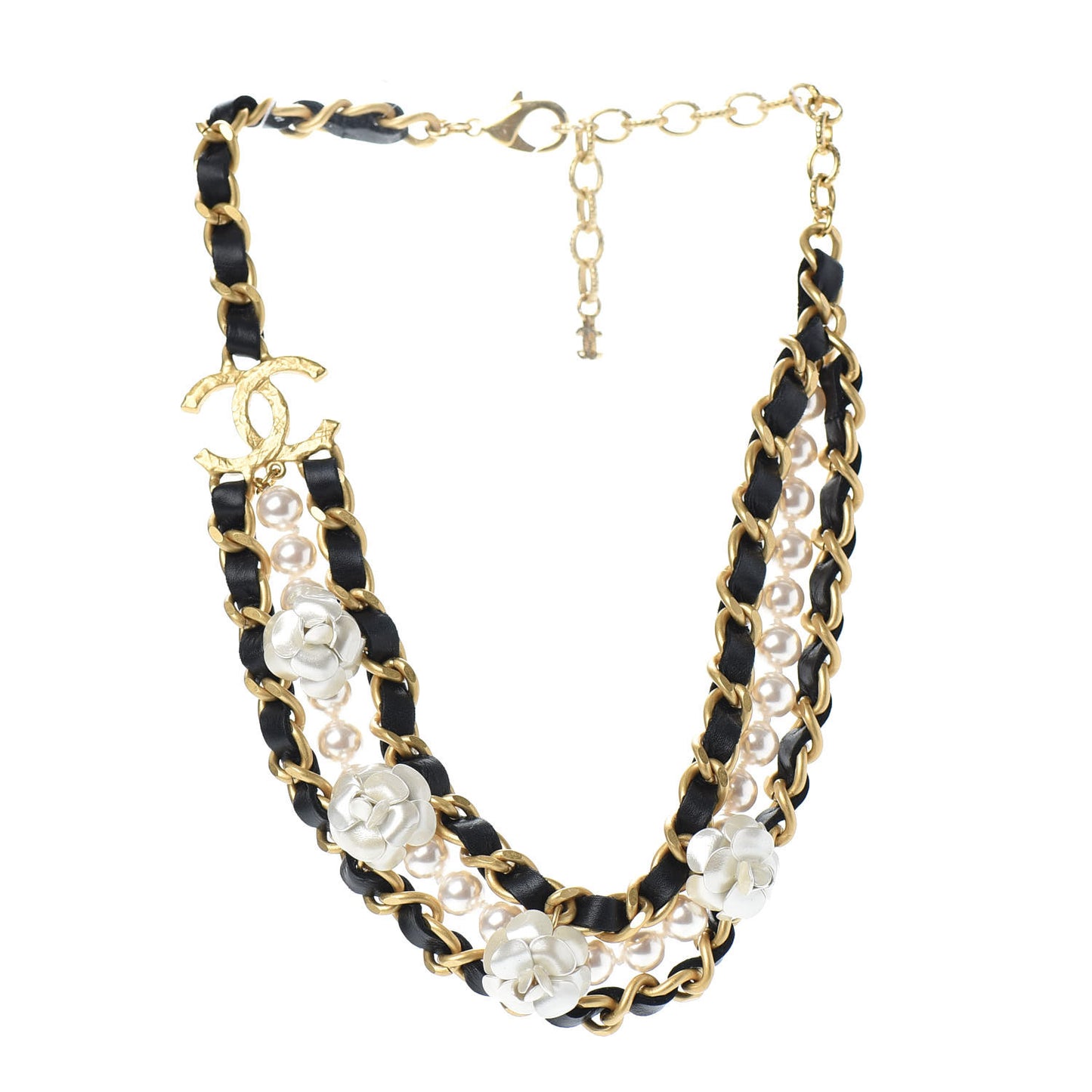 Pearl Lambskin CC Camellia Necklace Black Gold