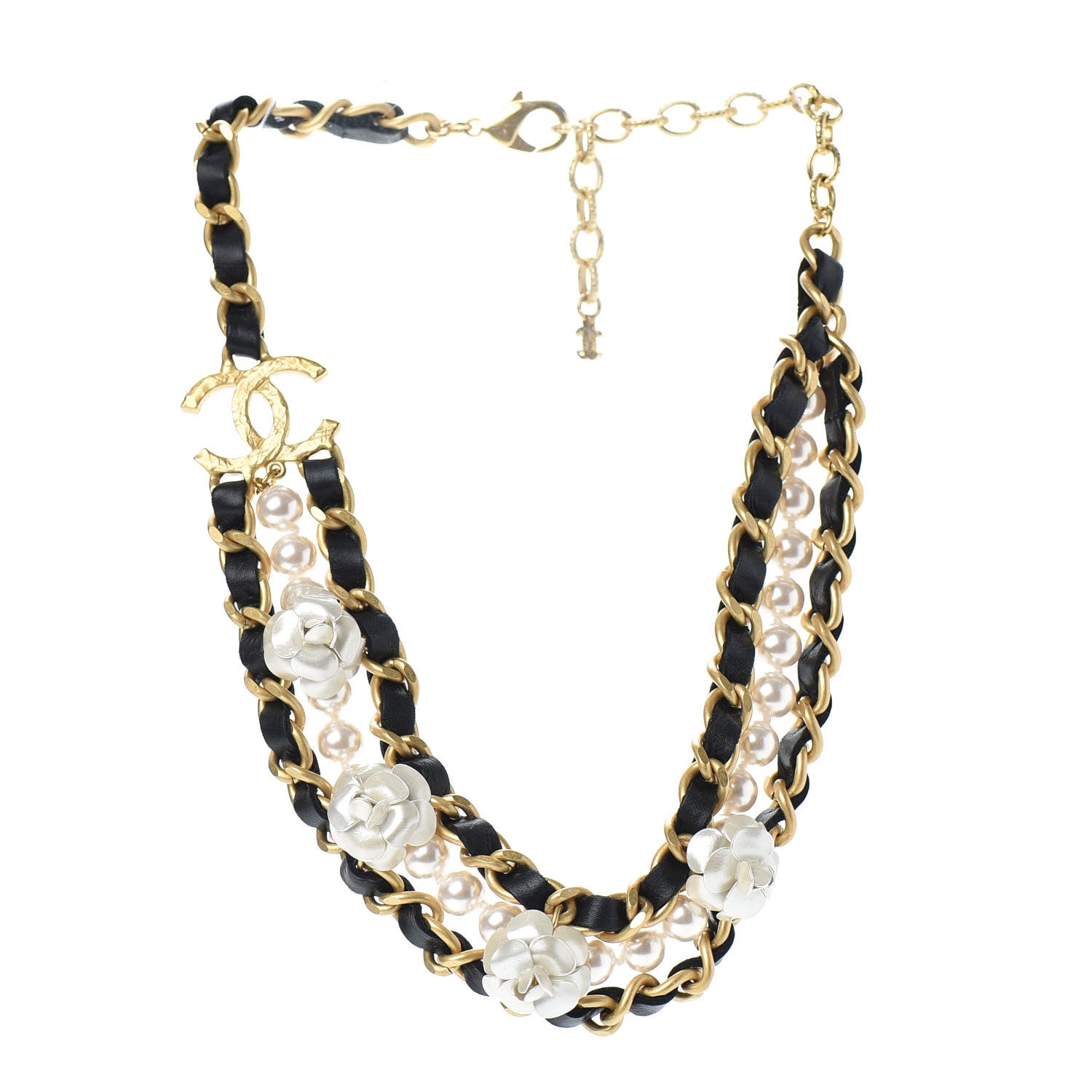 Chanel Pearl Lambskin CC Camellia Necklace Black Gold 3 of 4
