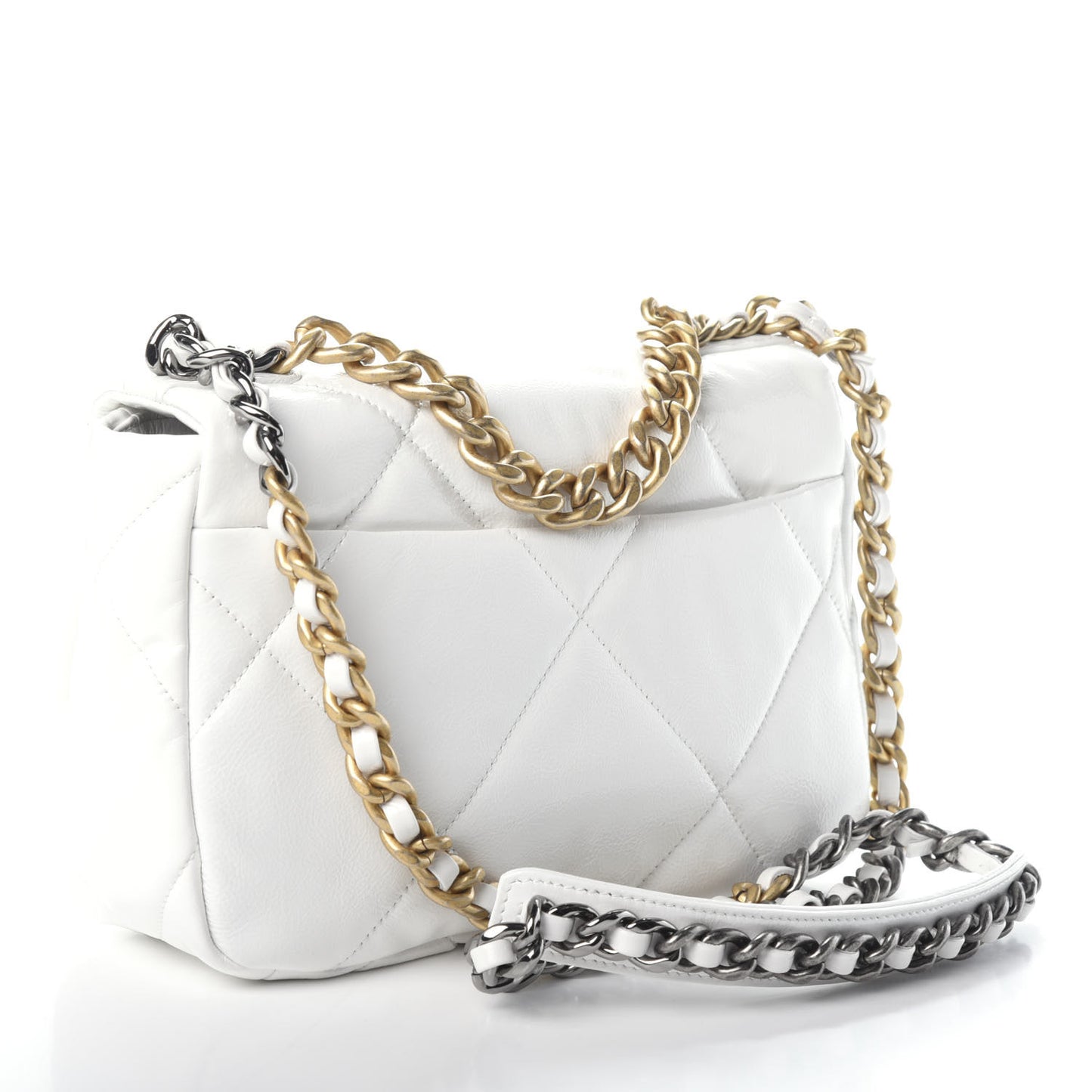 Shiny Crumpled Calfskin Quilted Medium 19 Flap White