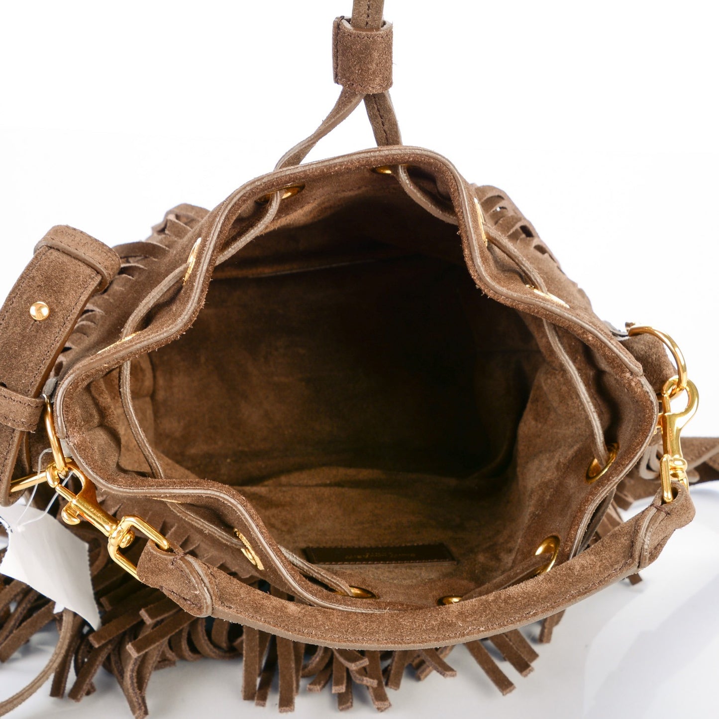 Suede Calfskin Small Emmanuelle Fringe Bucket Bag Brown