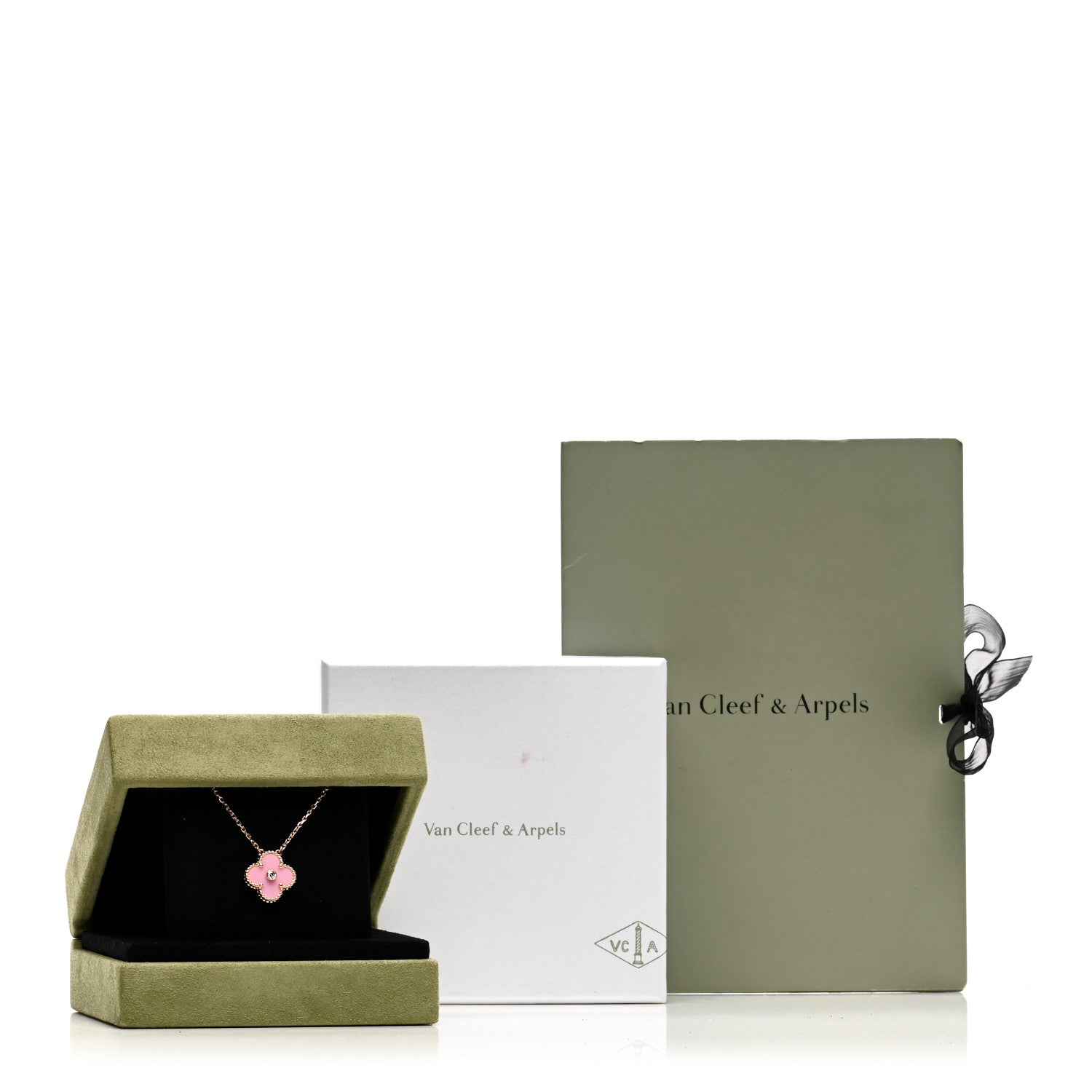 Van Cleef & Arpels 18K Rose Gold Diamond Pink Porcelain Vintage Alhambra Pendant Necklace 7 of 7