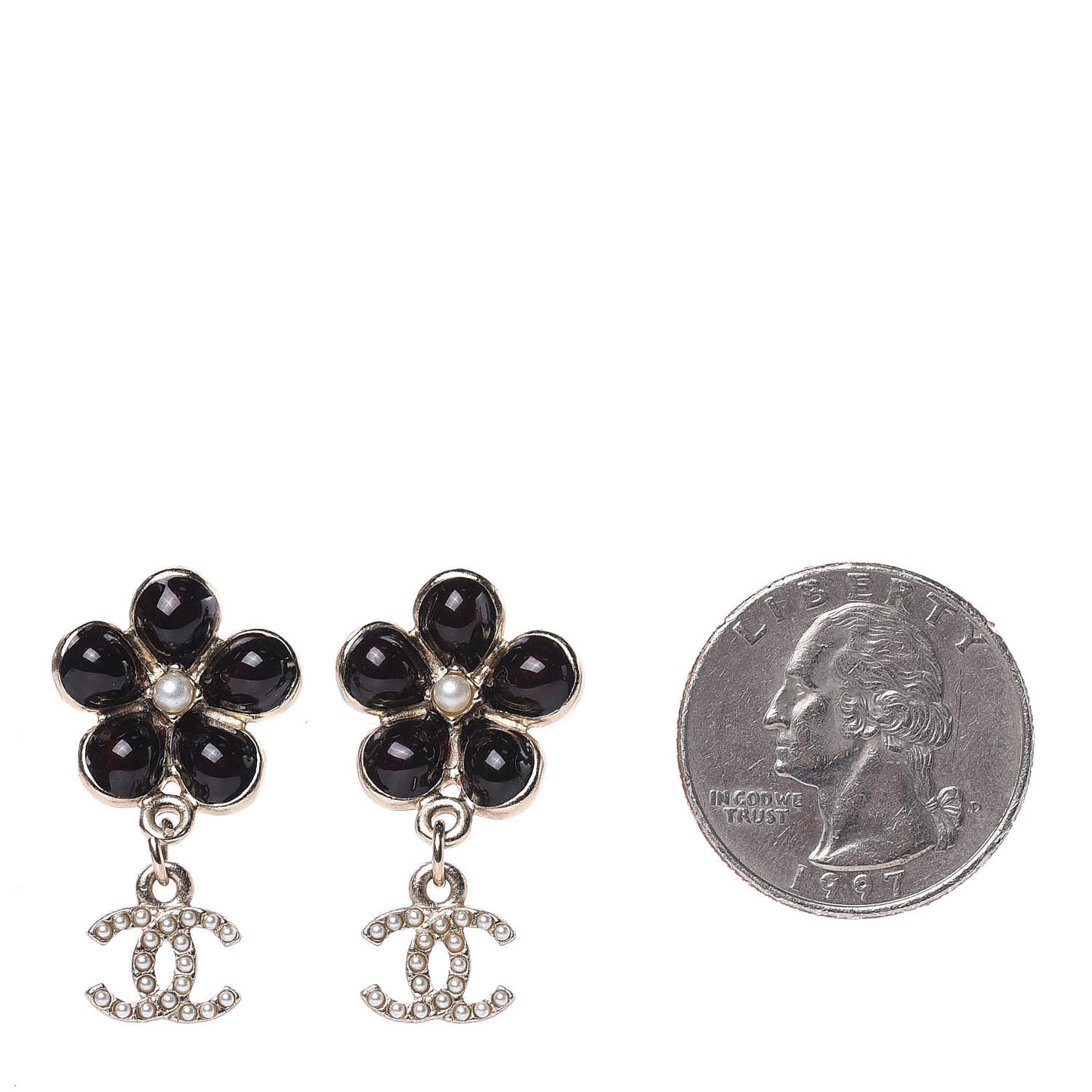 Enamel Pearl CC Flower Drop Earrings Black Gold