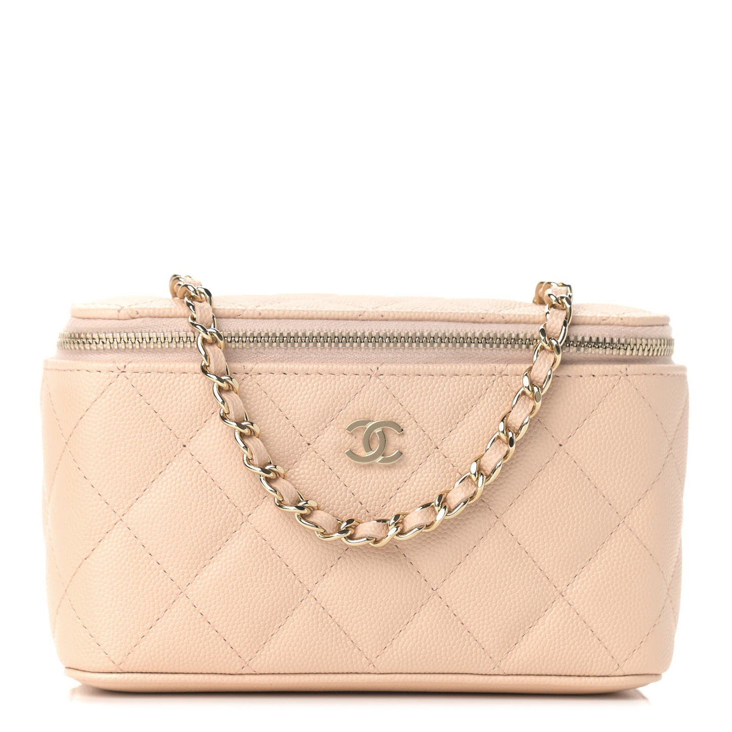 Caviar Quilted Small Vanity Case With Chain Light Beige
