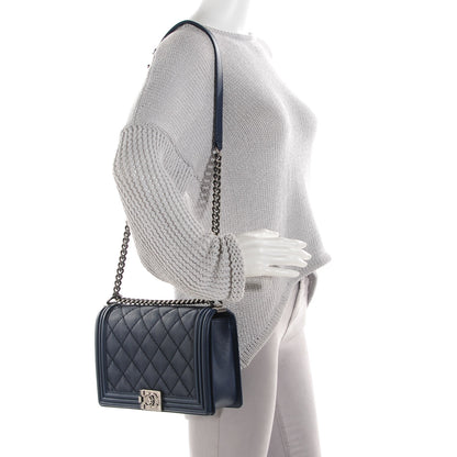Chanel Calfskin Quilted Double Stitch Medium Boy Flap Navy Blue 2 of 8