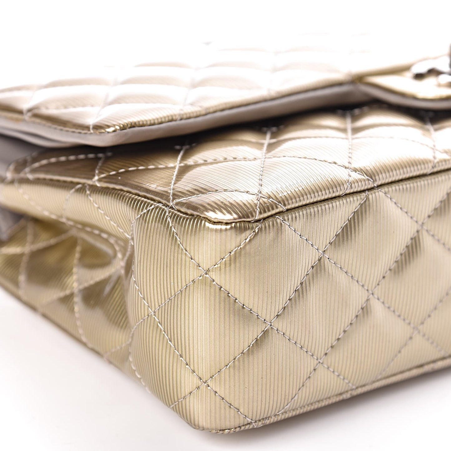 Striated Patent Quilted Medium Double Flap Gold