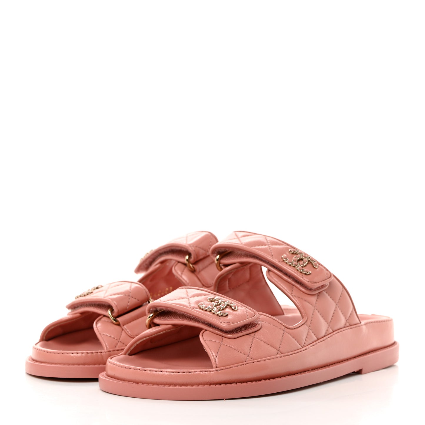 Lambskin Quilted Velcro Dad Chain CC Slide Sandals 36 Pink