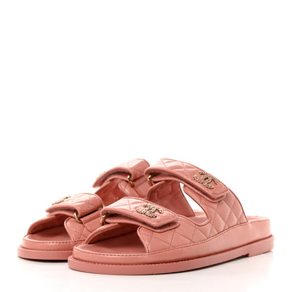 Chanel Lambskin Quilted Velcro Dad Chain CC Slide Sandals 36 Pink 3 of 9