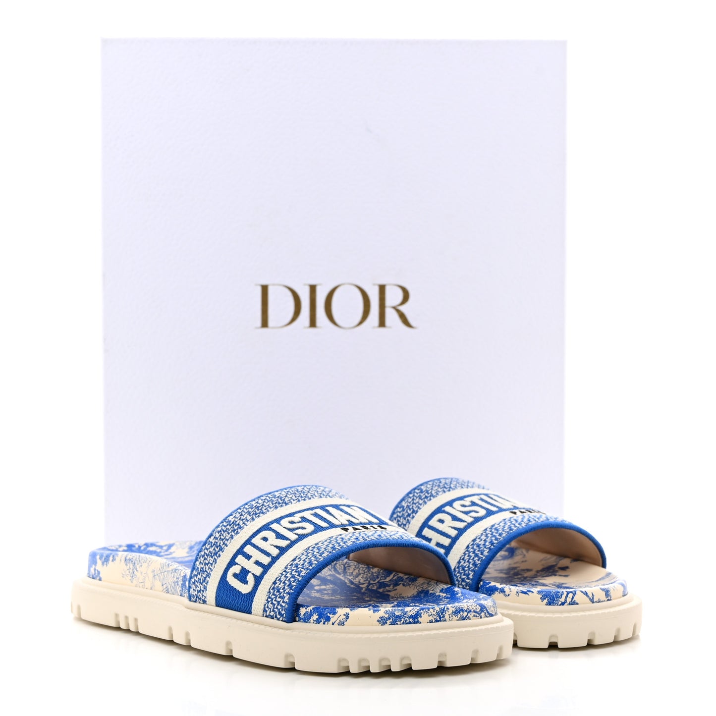 Canvas Toile de Jouy Embroidered Dway 10mm Slide Sandals 38 Off White Blue