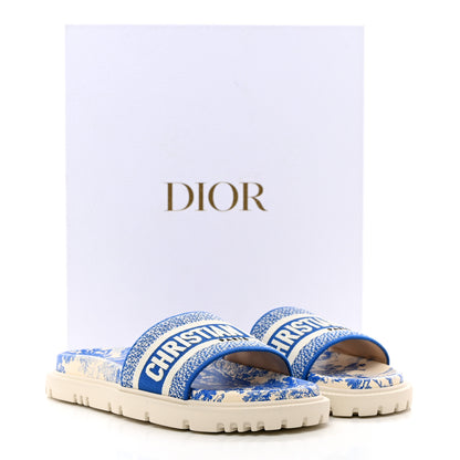 Christian Dior Canvas Toile de Jouy Embroidered Dway 10mm Slide Sandals 38 Off White Blue 9 of 9