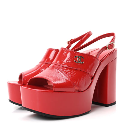 Chanel Crumpled Patent Lambskin Platform Sandals 39.5 Red 4 of 10