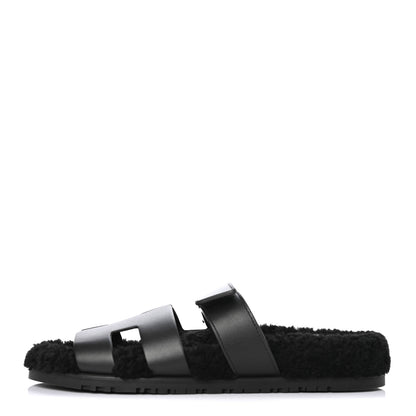 Hermes Calfskin Woolskin Womens Chypre Sandals 41 Black 1 of 9