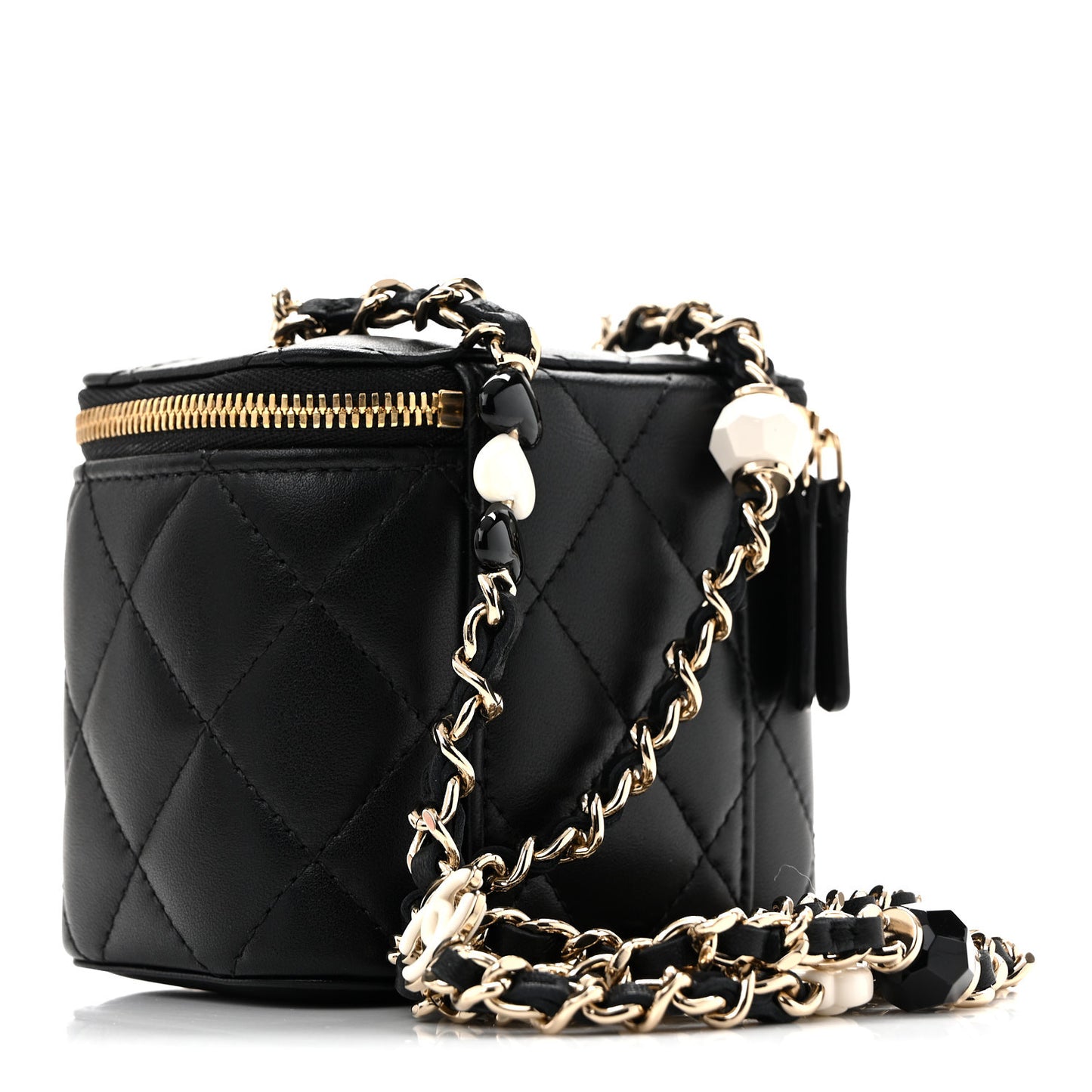 Lambskin Quilted Mini Enamel Vanity Case With Chain Black