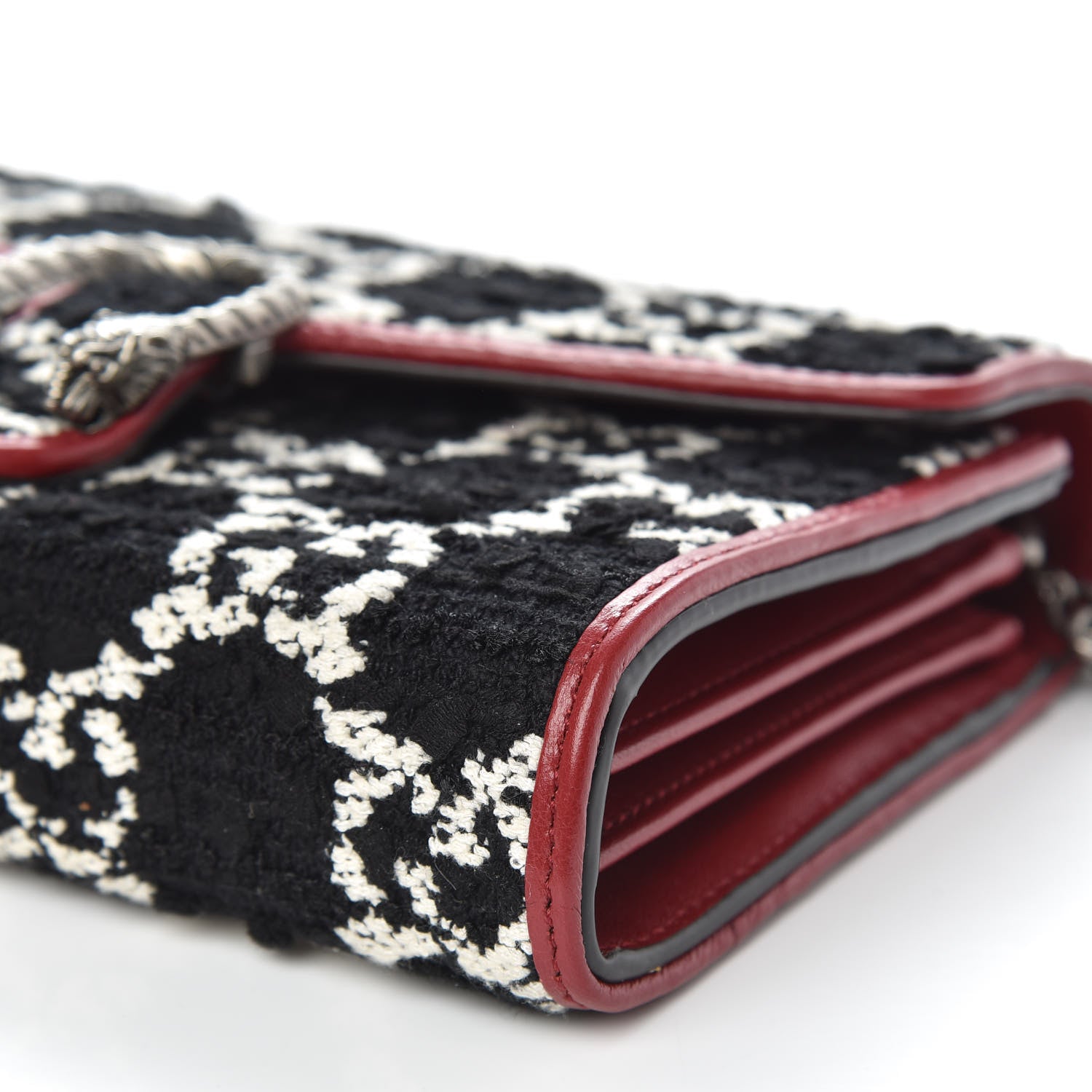 Gucci Tweed GG Monogram Mini Dionysus Chain Wallet Black White Romantic Cherry 9 of 10