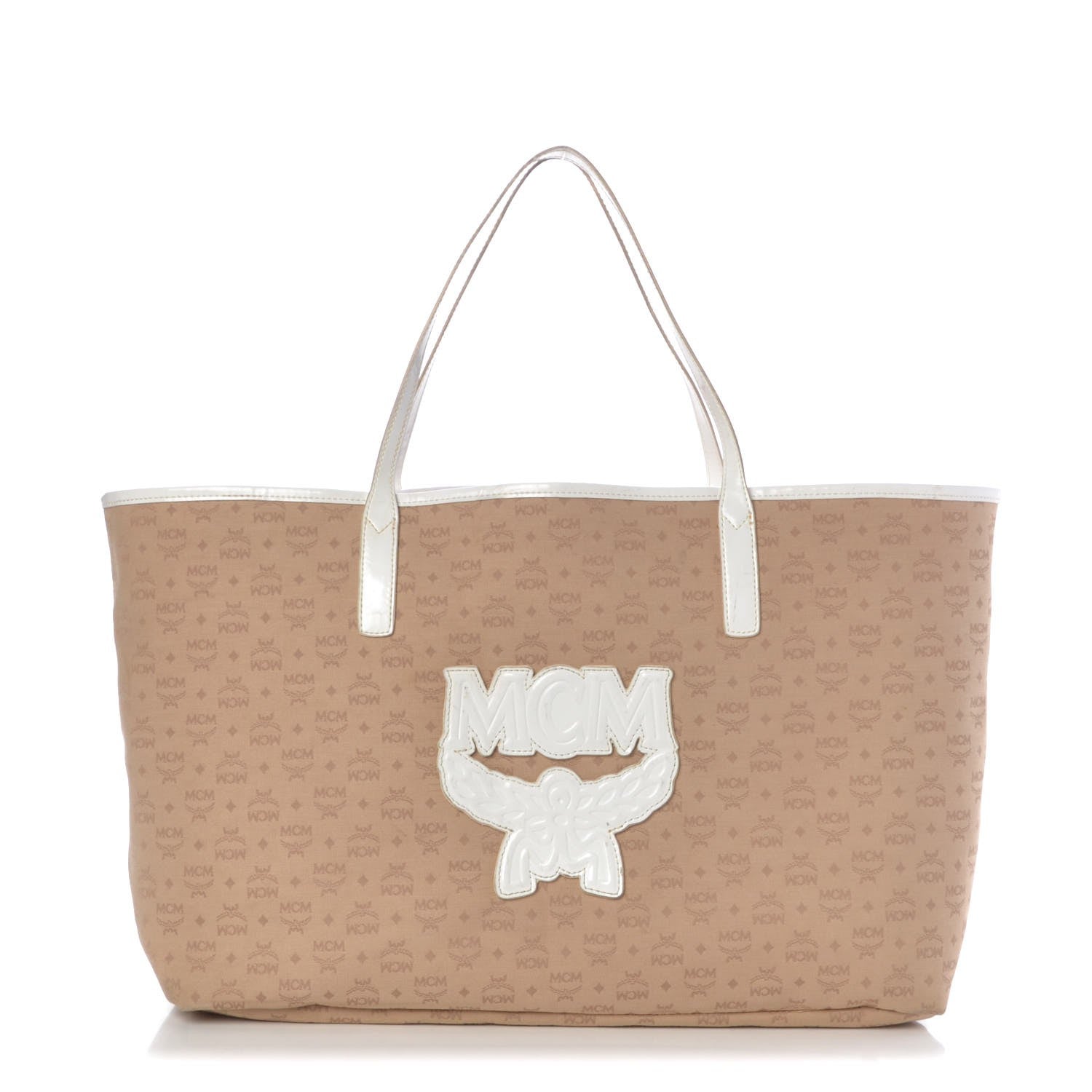 MCM Canvas Monogram Patent Shopper Tote Beige White 1 of 12