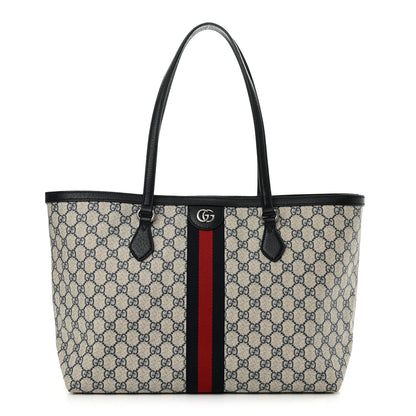 Gucci GG Supreme Monogram Textured Calfskin Web Medium Ophidia Shopping Tote Beige Blue 1 of 11