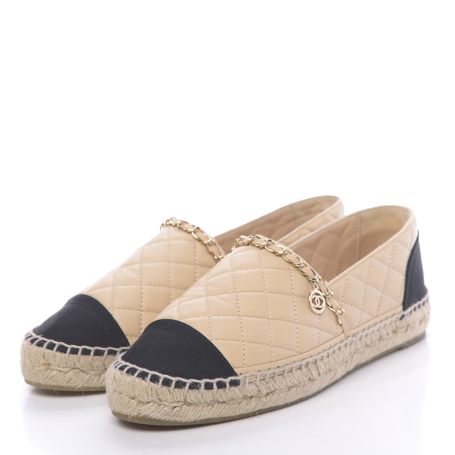 Chanel Lambskin Grosgrain Quilted CC Chain Espadrilles 39 Beige Black 3 of 10