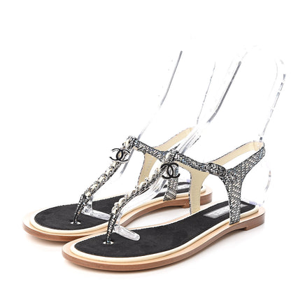 Chanel Goatskin Velvet Fantasy CC Chain Thong Sandals 41.5 Silver Ivory 3 of 9
