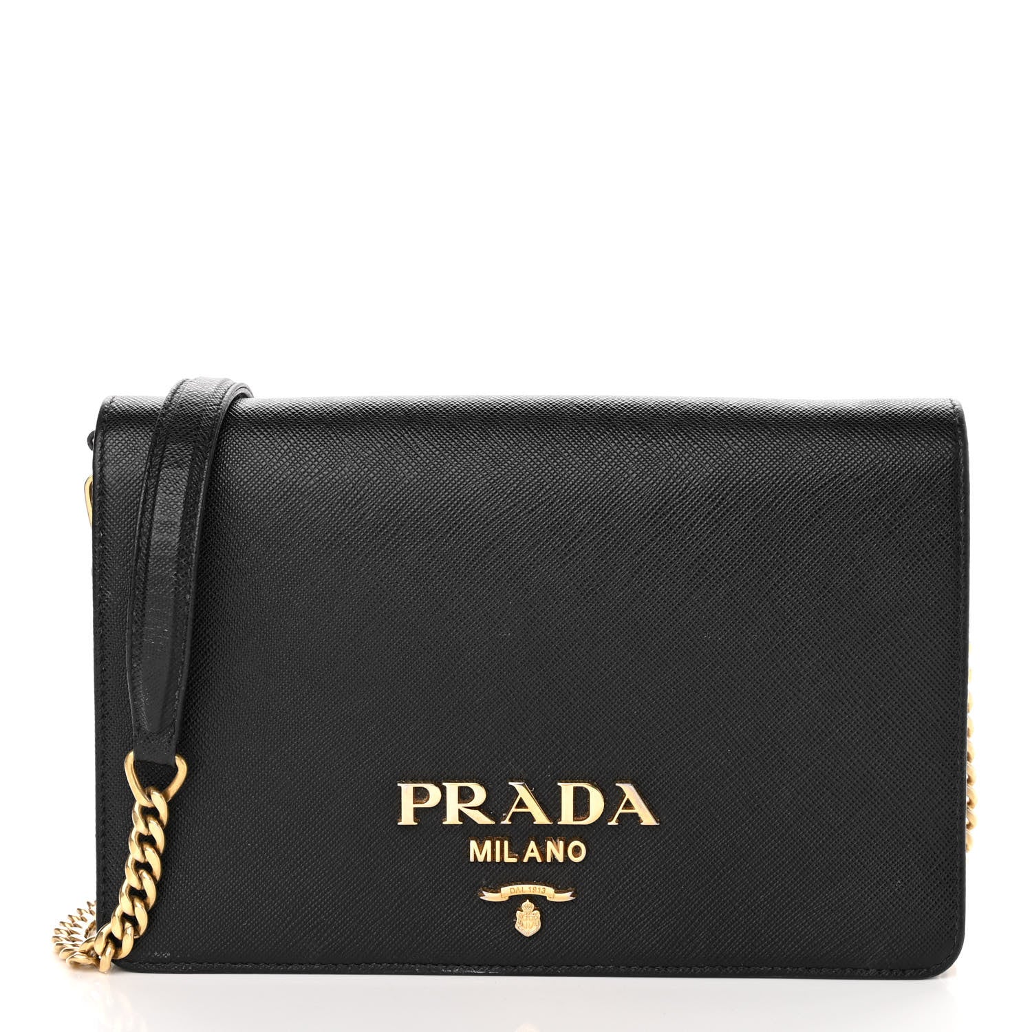 Prada Saffiano Lux Metal Logo Mini Chain Flap Crossbody Bag Black 3 of 13