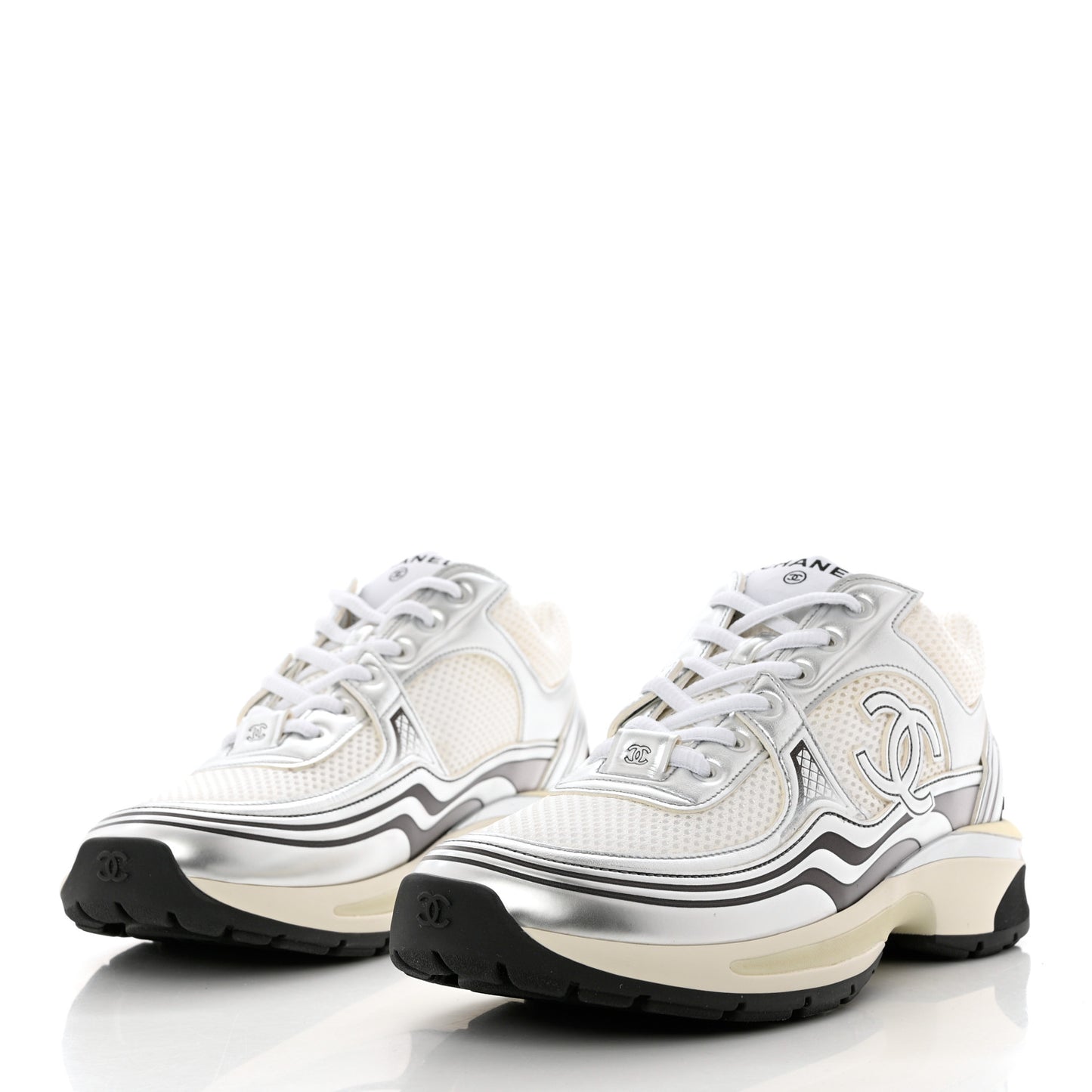 Fabric Laminated Calfskin Stretch CC Sneakers 38.5 White Silver