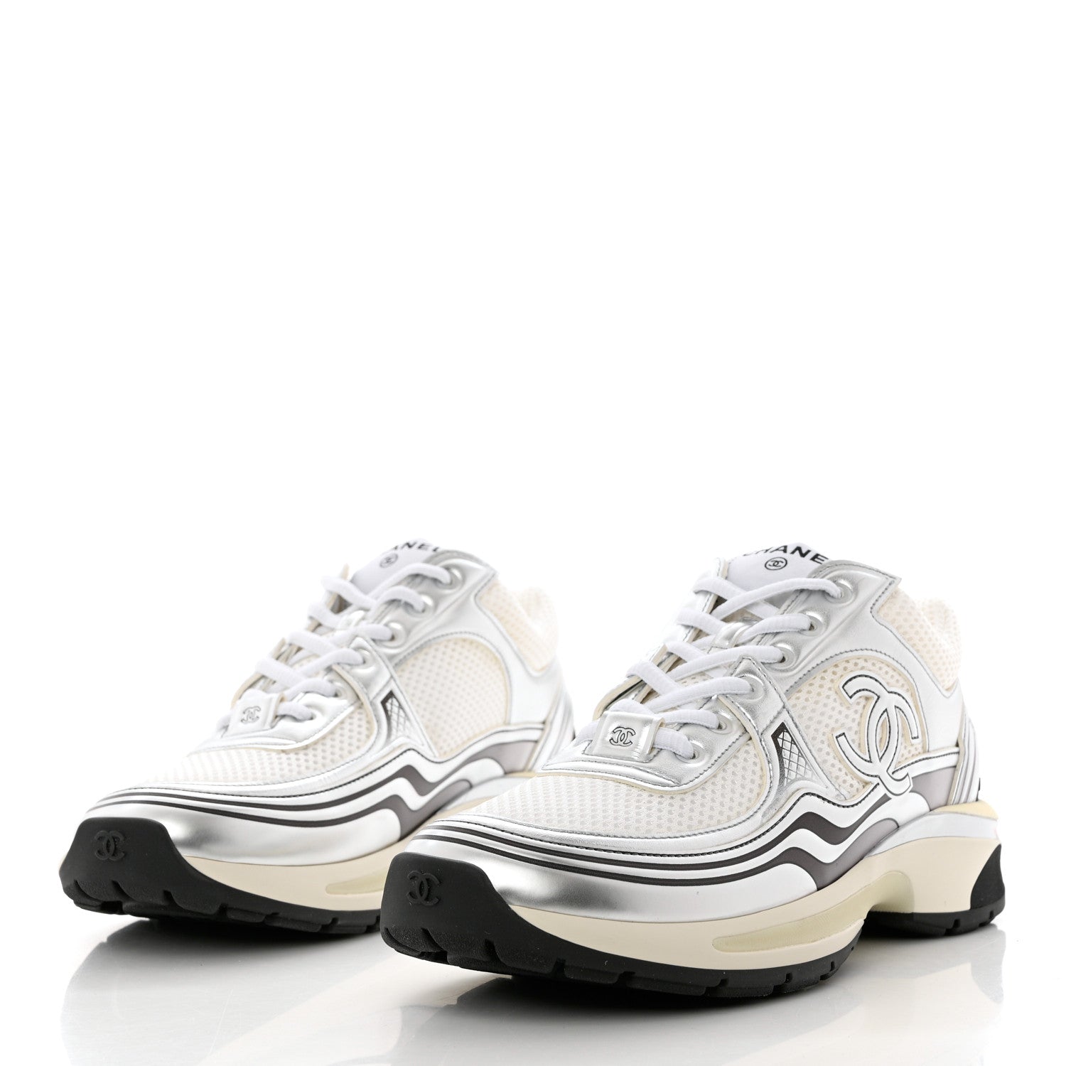 Chanel Fabric Laminated Calfskin Stretch CC Sneakers 38.5 White Silver 3 of 9