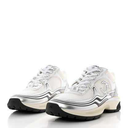 Chanel Fabric Laminated Calfskin Stretch CC Sneakers 38.5 White Silver 3 of 9
