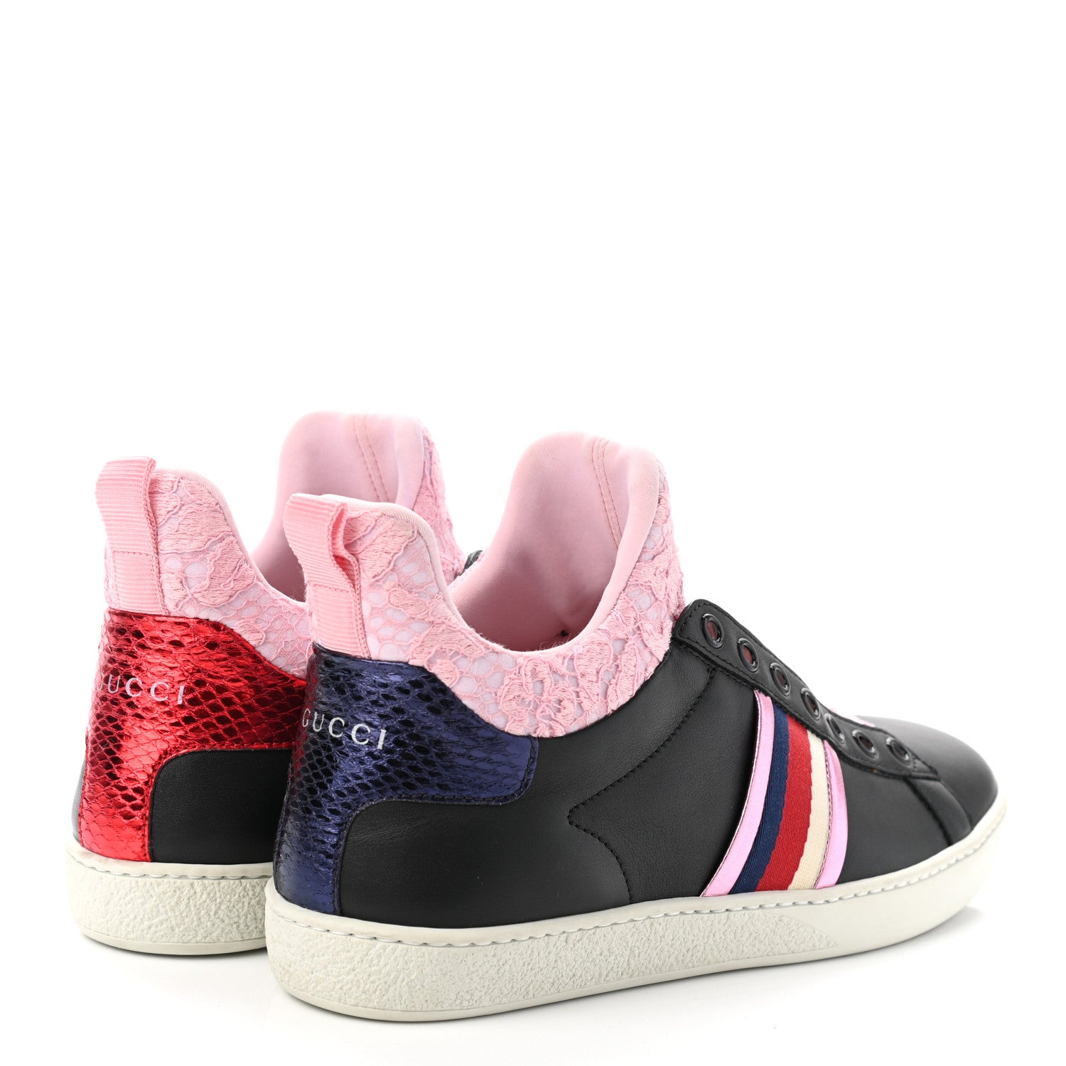 Gucci Calfskin Lace Ayers Sylvie Web Womens New Ace High Top Sneakers 36.5 Black 4 of 8