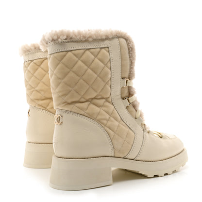 Chanel Shiny Crumpled Calfskin Velvet Shearling Lace Up Boots 40 Ivory 4 of 10
