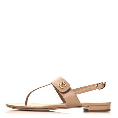 Chanel Calfskin CC Thong Sandals 37.5 Beige 1 of 10