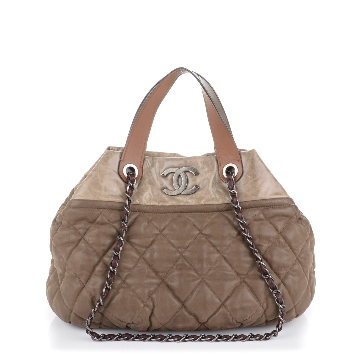 Iridescent Calfskin Quilted Large In The Mix Tote Khaki