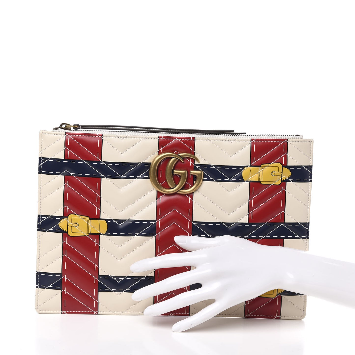 Calfskin Matelasse Trompe L'Oeil Print GG Marmont Zip Pouch White