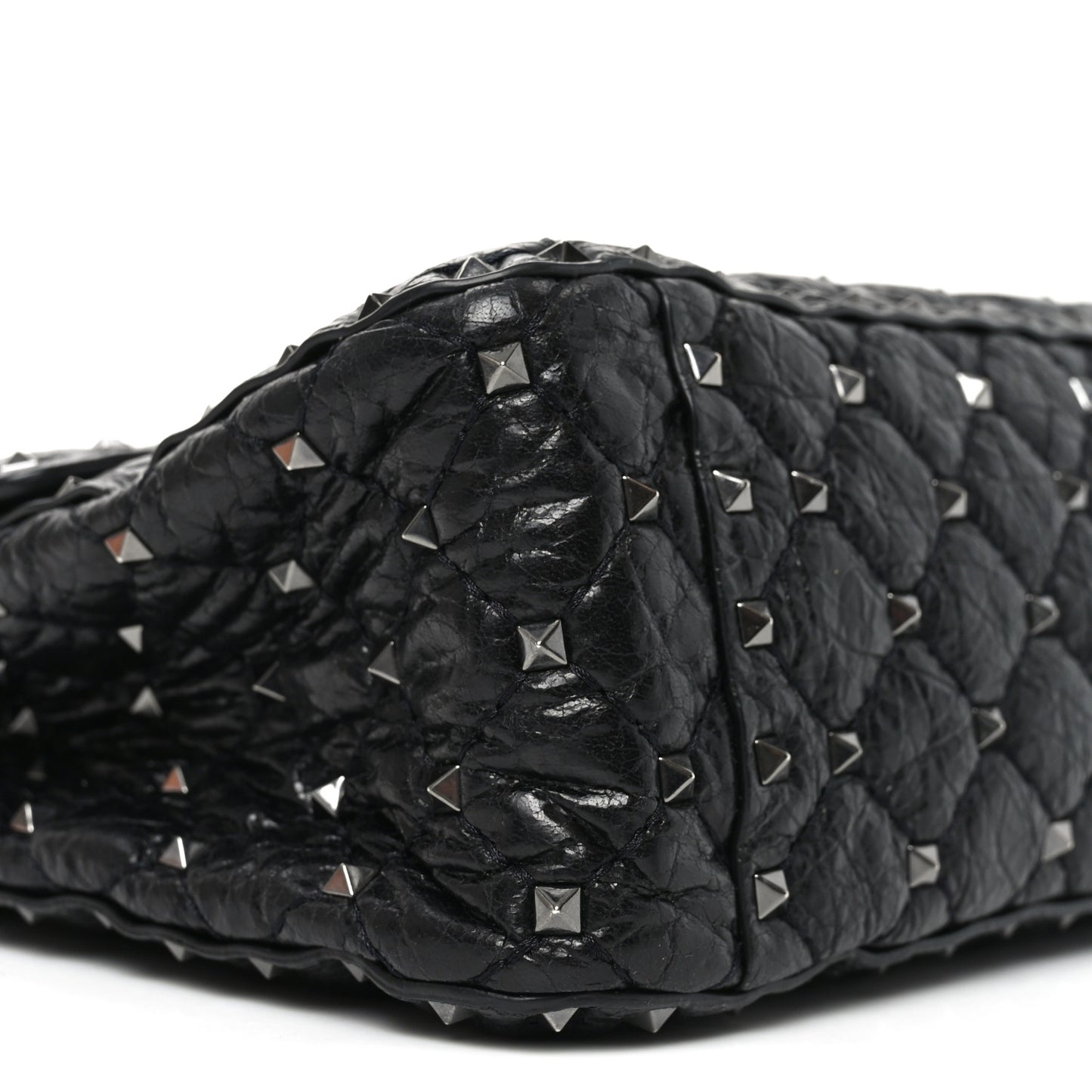 Craquele Nappa Large Rockstud Spike Shoulder Bag Black