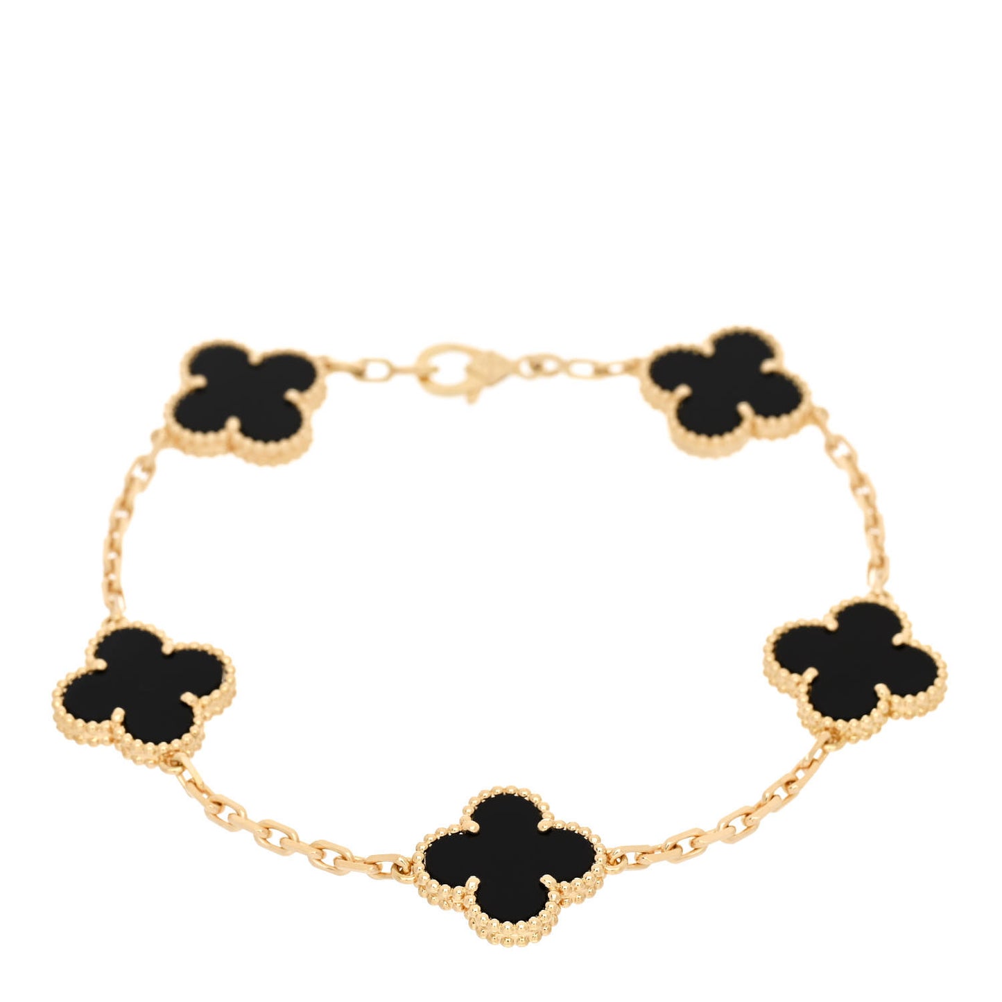 18K Yellow Gold Black Onyx 5 Motifs Vintage Alhambra Bracelet
