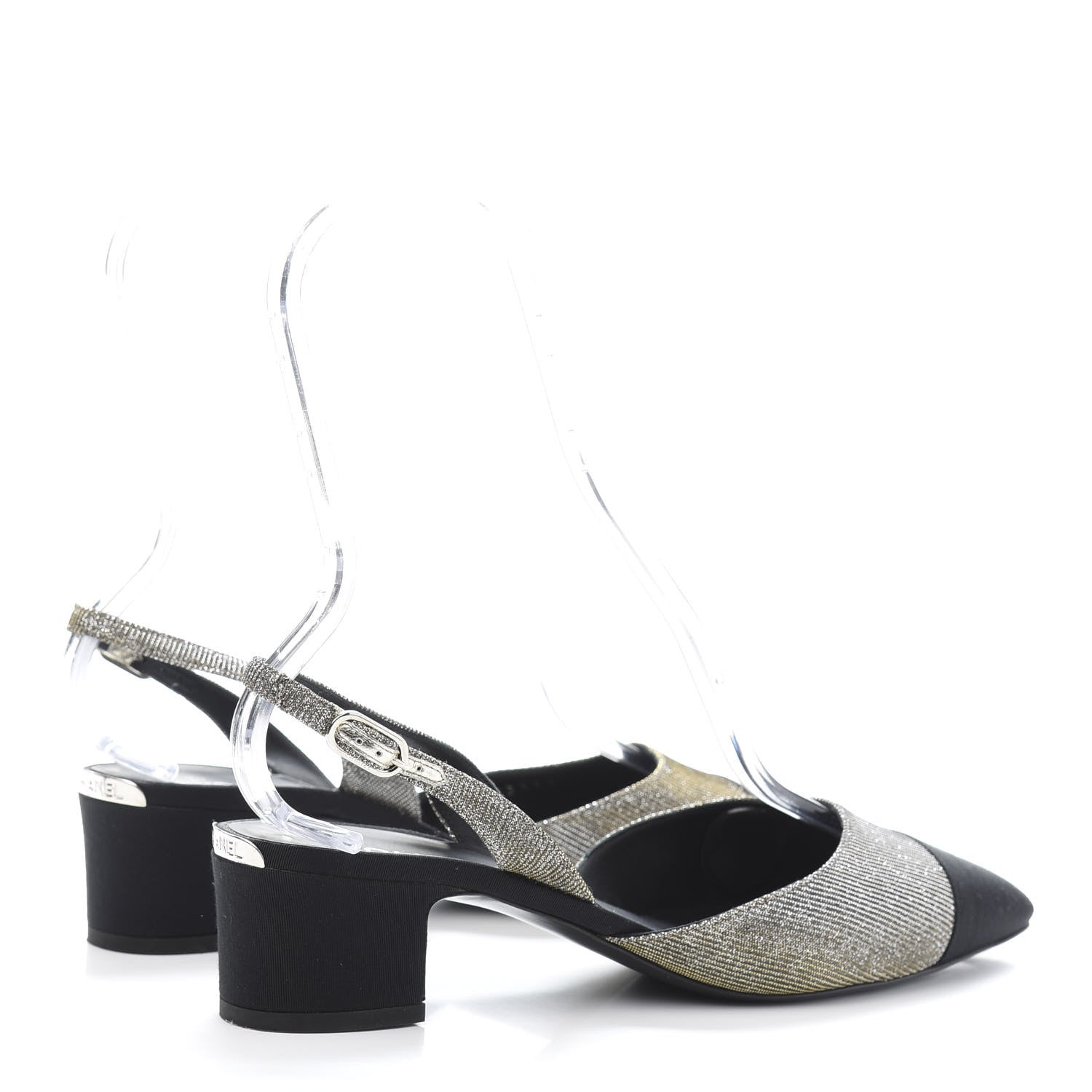 Chanel Glitter Grosgrain Cap Toe CC Slingback Pumps 40 Silver Black 5 of 10